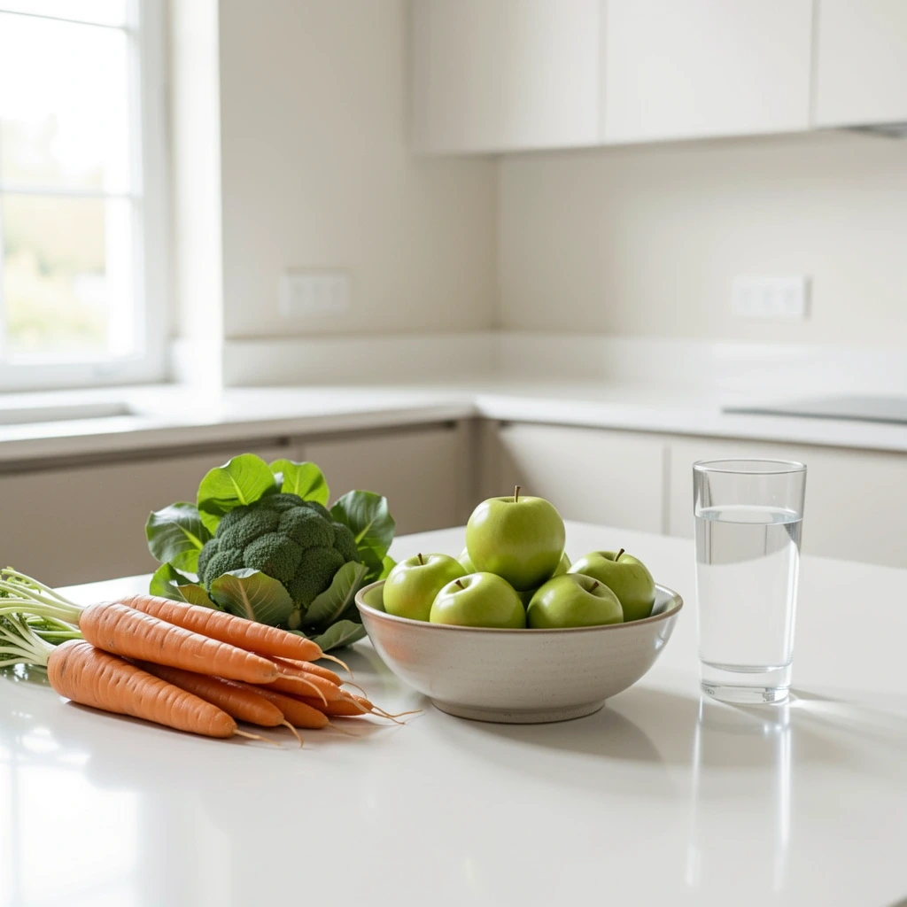 Fresh whole foods on a clean kitchen surface